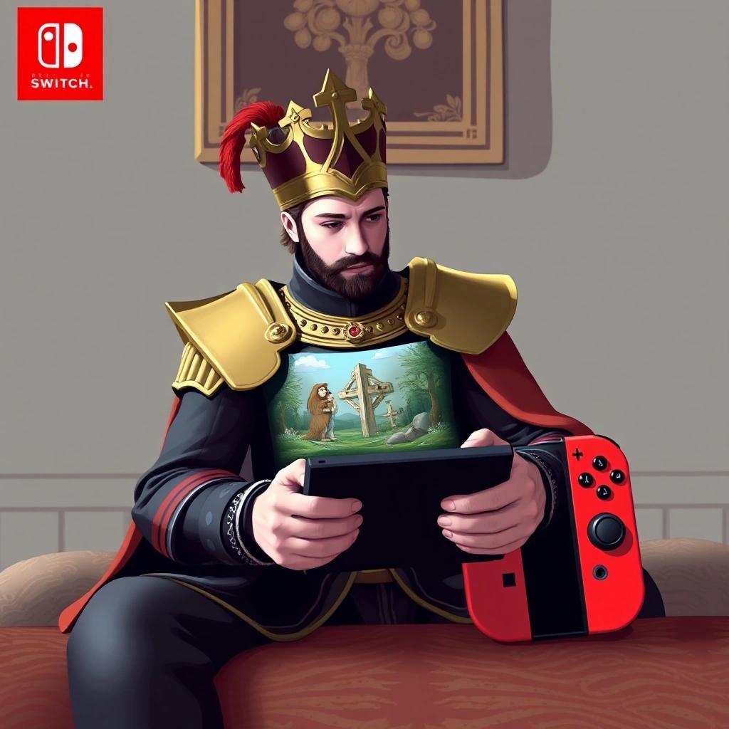 Image with seed 223584259 generated via Stable Diffusion through @stablehorde@sigmoid.social. Prompt: Henry XIII playing on a Nintendo Switch
