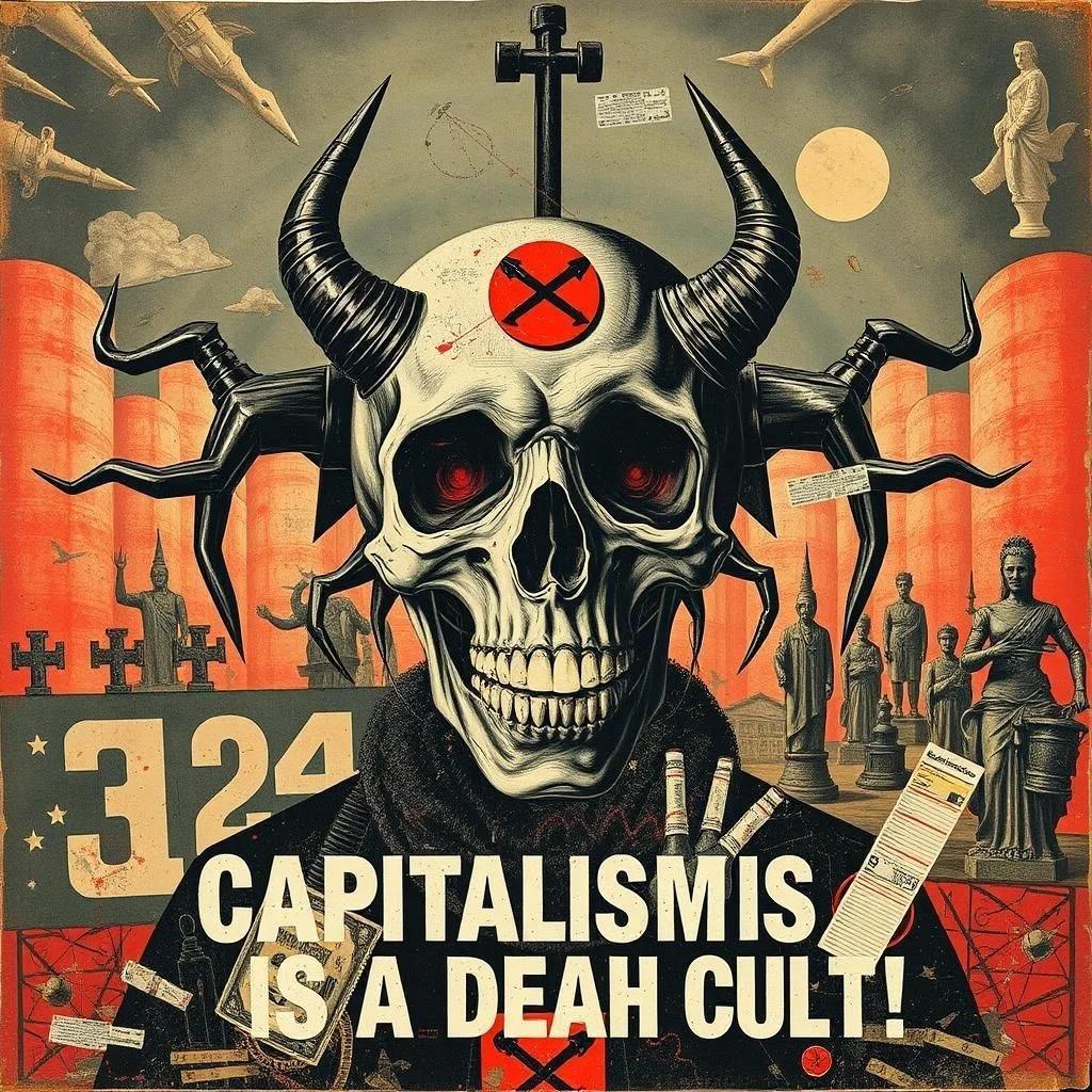 Image with seed 1972594938 generated via Stable Diffusion through @stablehorde@sigmoid.social. Prompt: Capitalism is a death cult! Collage, mixed media, dark, menacing, crazy, weird, monstrous, surrealism, dada, elektrodada, degenerative art, anti-art