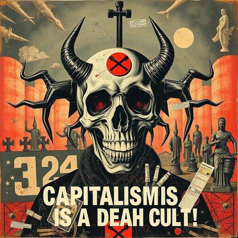 Image with seed 1972594938 generated via Stable Diffusion through @stablehorde@sigmoid.social. Prompt: Capitalism is a death cult! Collage, mixed media, dark, menacing, crazy, weird, monstrous, surrealism, dada, elektrodada, degenerative art, anti-art