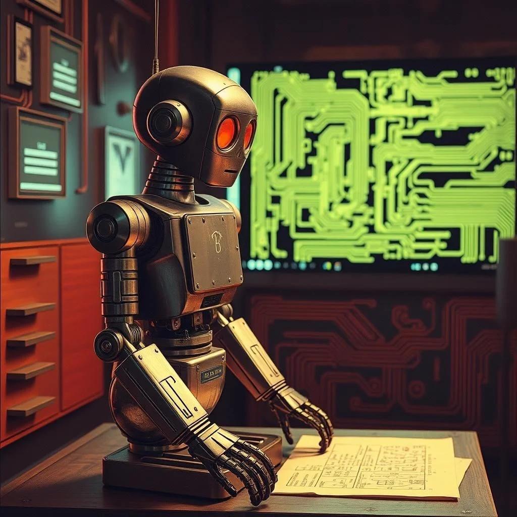 Image with seed 1756881254 generated via Stable Diffusion through @stablehorde@sigmoid.social. Prompt: I'm just a robot and I know my placeA metal servant to the human raceI work my can off trying to satisfyI know they'll disconnect me by and byChip on my shoulder made of siliconMy printed circuit's like a lexiconTen billion logic functions, maybe moreThey make me pick the paper off the floorSolitary solinoidTerminally paranoidMarvin