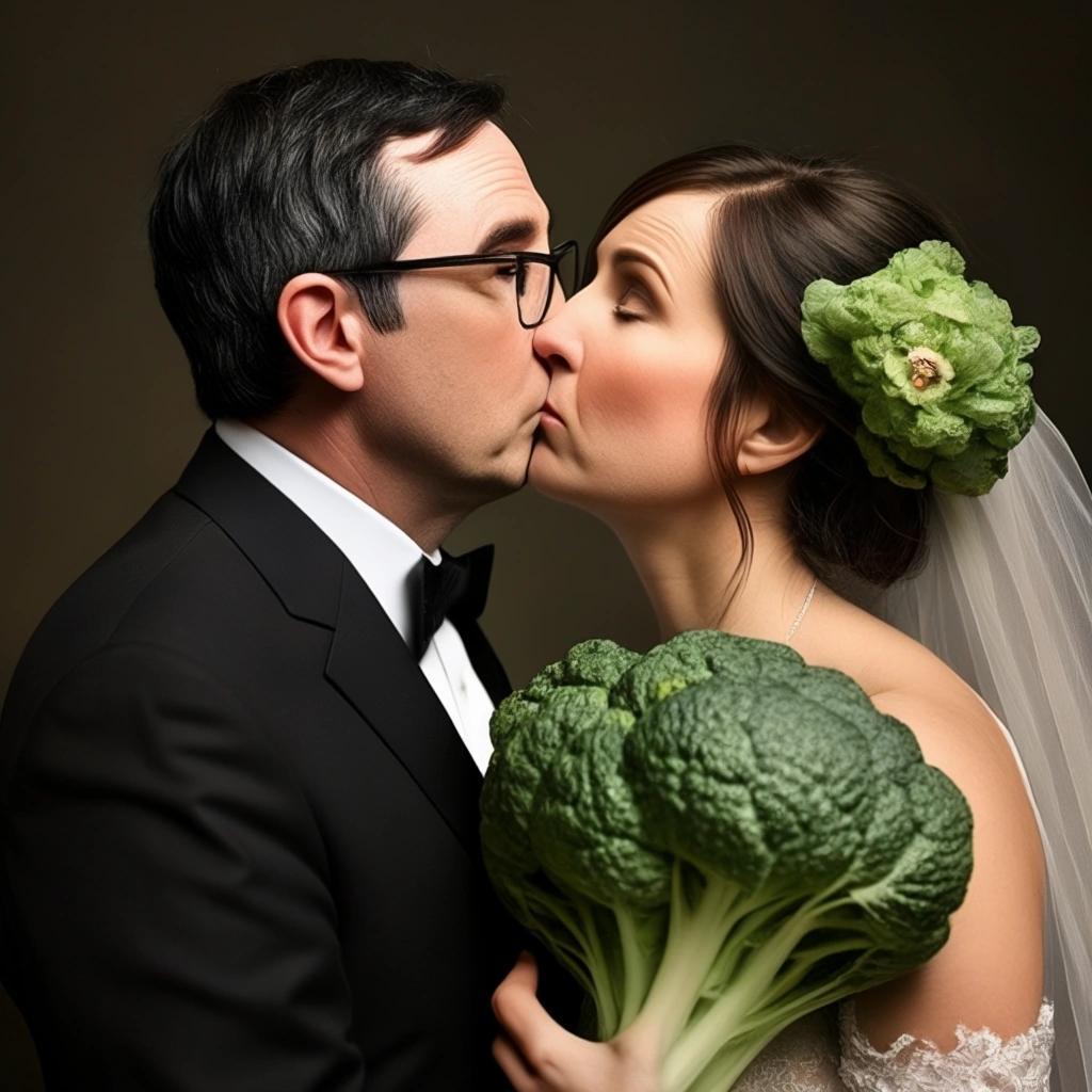 Image with seed 204619325 generated via Stable Diffusion through @stablehorde@sigmoid.social. Prompt: John Oliver kissing his cabbage bride 