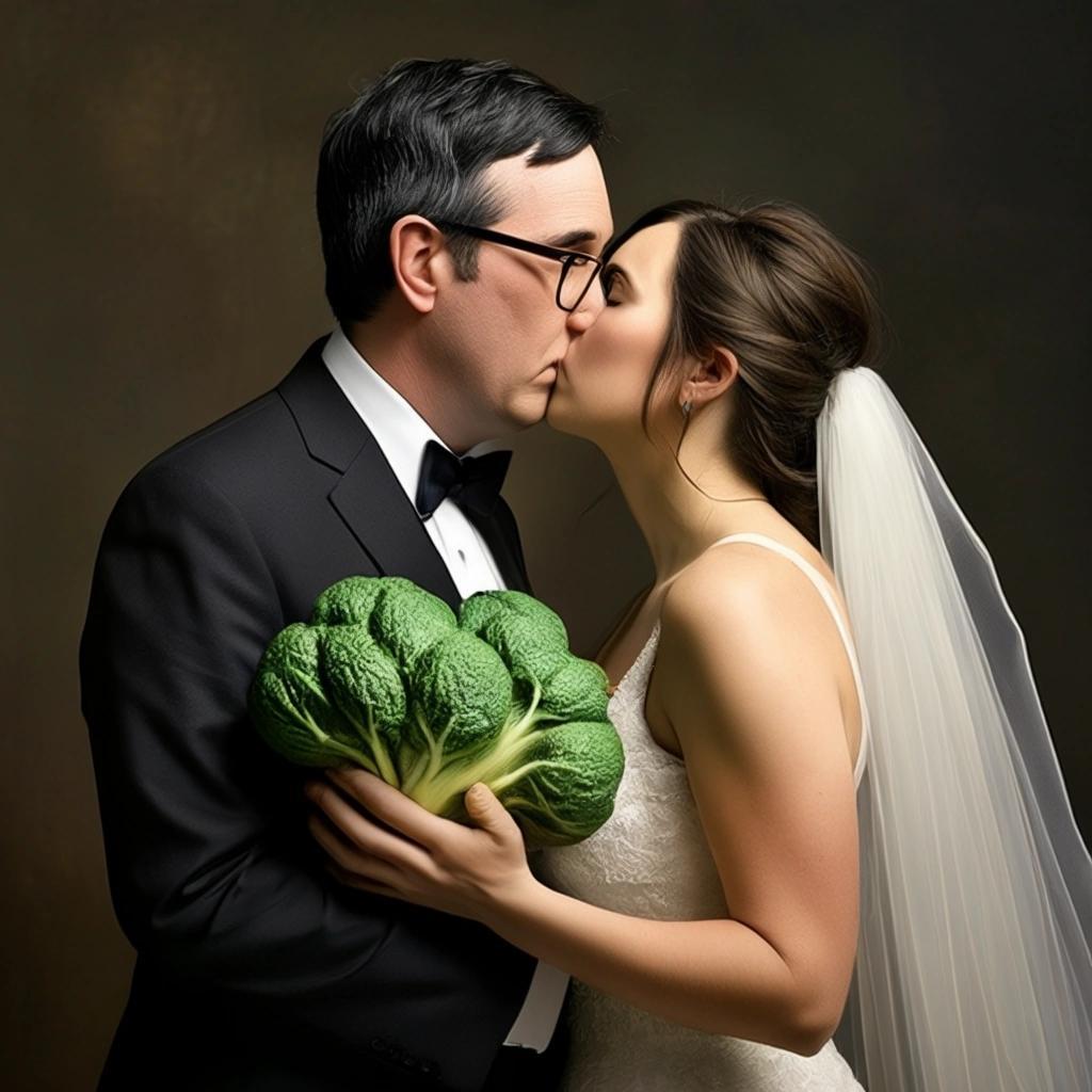 Image with seed 204619325 generated via Stable Diffusion through @stablehorde@sigmoid.social. Prompt: John Oliver kissing his cabbage bride 