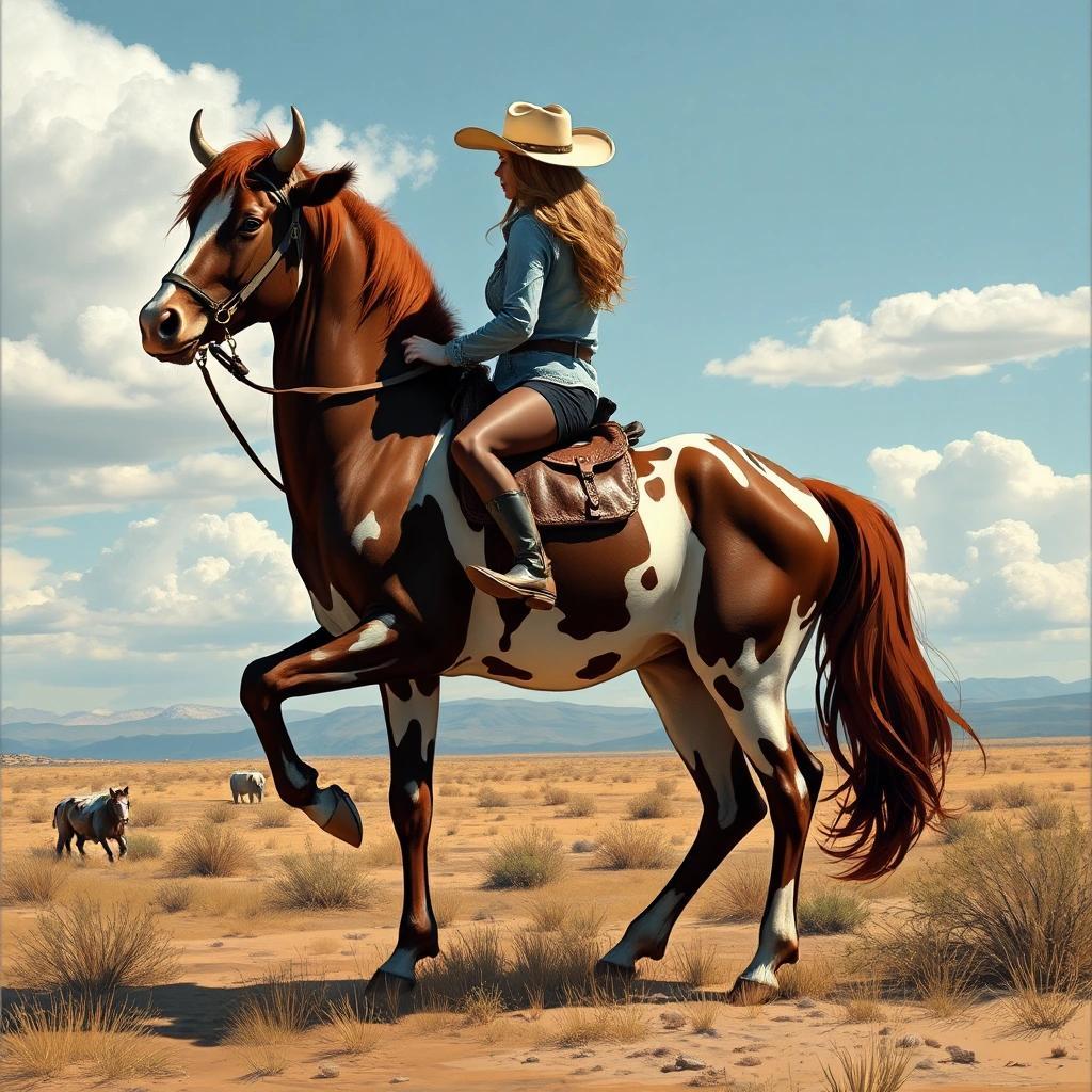 Image with seed 2142984362 generated via Stable Diffusion through @stablehorde@sigmoid.social. Prompt: Reverse cowgirl, but literal and it’s like a centaur situation where the bottom half is human and the top half is cow @JonBaker