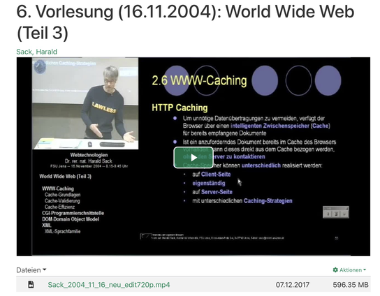 Screenshot of a web page from the digital library Thueringen, where my lecture recording of Web Technologies 2004/05 is still being preserved. I'm wearing a "lawless" sweater.