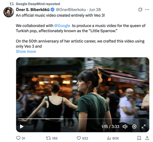 A tweet advertising a Turkish music video made with Veo3.