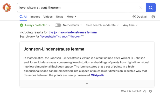 A duckduckgo search page with "levenshtein strauus theorem" in the search box, showing the wikipedia page for the "Johnson–Lindenstrauss lemma" as the first result.