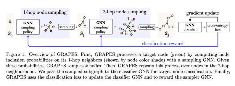 A diagram of the GRAPES pipeline. It shows a subgraph being sampled in two steps and being fed to a GNN, with a blue line showing the learning signal. The caption reads Figure 1: Overview of GRAPES. First, GRAPES processes a target node (green) by computing node inclusion probabilities on its 1-hop neighbors (shown by node color shade) with a sampling GNN. Given these probabilities, GRAPES samples k nodes. Then, GRAPES repeats this process over nodes in the 2-hop neighborhood. We pass the sampl…
