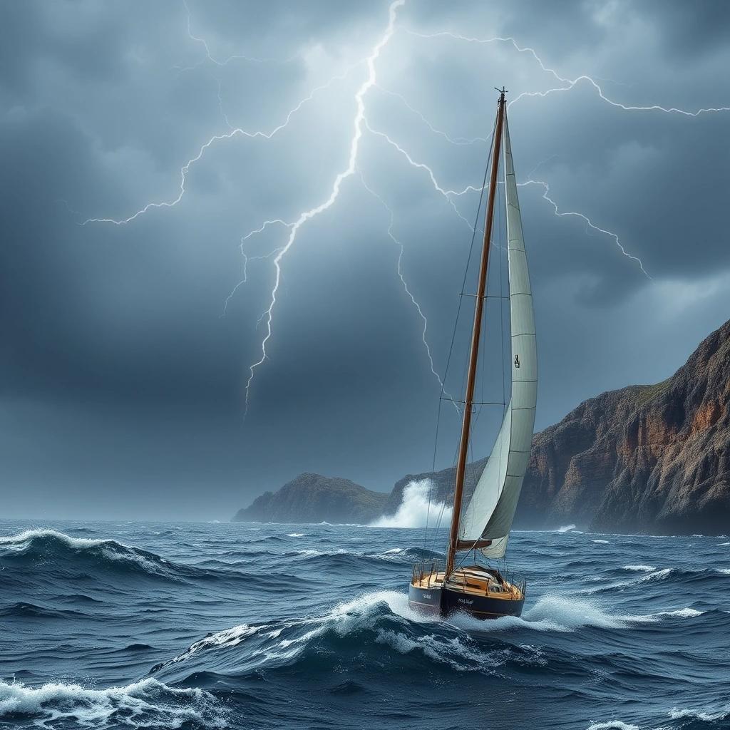 Image with seed 2943323849 generated via Stable Diffusion through @stablehorde@sigmoid.social. Prompt: a photorealistic sailing boat in rough sea close to a rocky coast during a thunderstorm