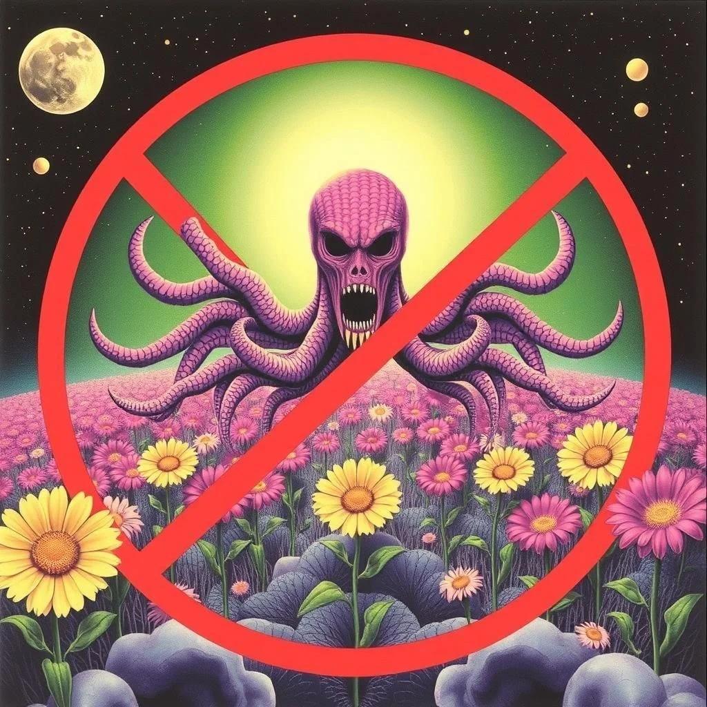 Image with seed 94414 generated via Stable Diffusion through @stablehorde@sigmoid.social. Prompt: There is no fnord here. If you can't see the fnord, it can't eat you. Hail Eris! All hail Discordia! dada fluxus surrealism elektrodada hippie psychedelic counterculture flower power