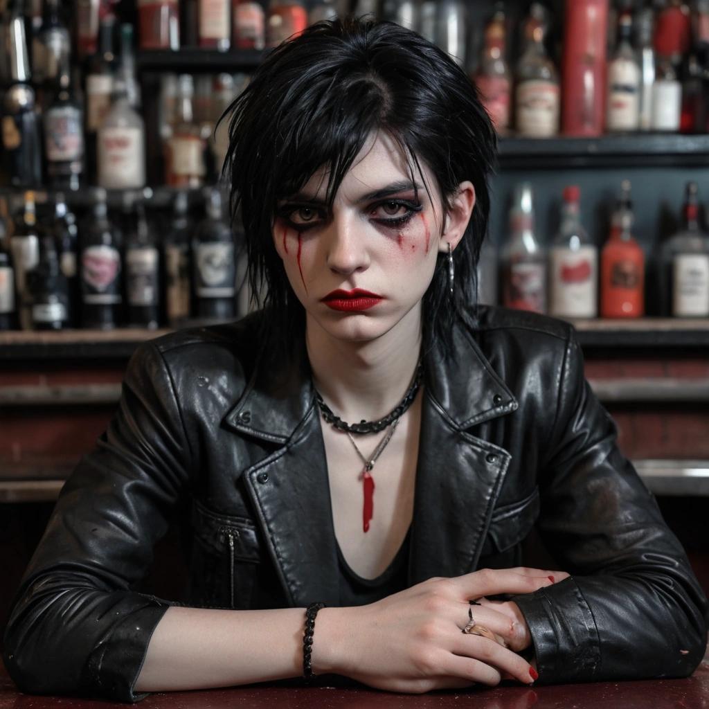 Image with seed 1198850774 generated via Stable Diffusion through @stablehorde@sigmoid.social. Prompt: Half body portrait of a heartbroken 23 year old androgynous goth boi sitting at the bar crying black tears of runny eyeliner. Heavy 1980s darkwave makeup, blood red lipstick, pale skin, big black hair teased 1980s rock mullet, ankh earring 