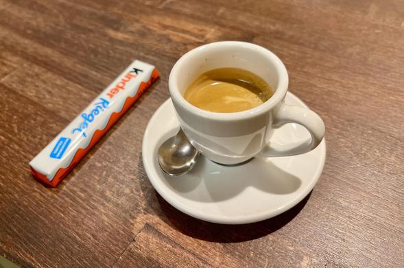 Perfect Espresso and a Kinderriegel chocolate bar for 2.20Euro