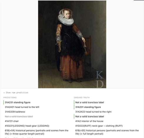 Renaissance painting of a woman with a large white collar. Below there are two columns of iconclasscodes. PRedictions left, ground truth on the right.

Predictions:
31A231 standing figure
31A2421 head turned to the left
31A5339 baldness
Not a valid iconclass label
41A721 chair
41D221(LEGGING) head-gear (LEGGING)
61B(+54) historical persons (portraits and scenes from the life) (+ three-quarter length portrait)

Ground Truth:
Not a valid iconclass label
31A231 standing figure
31A2422 head turned …