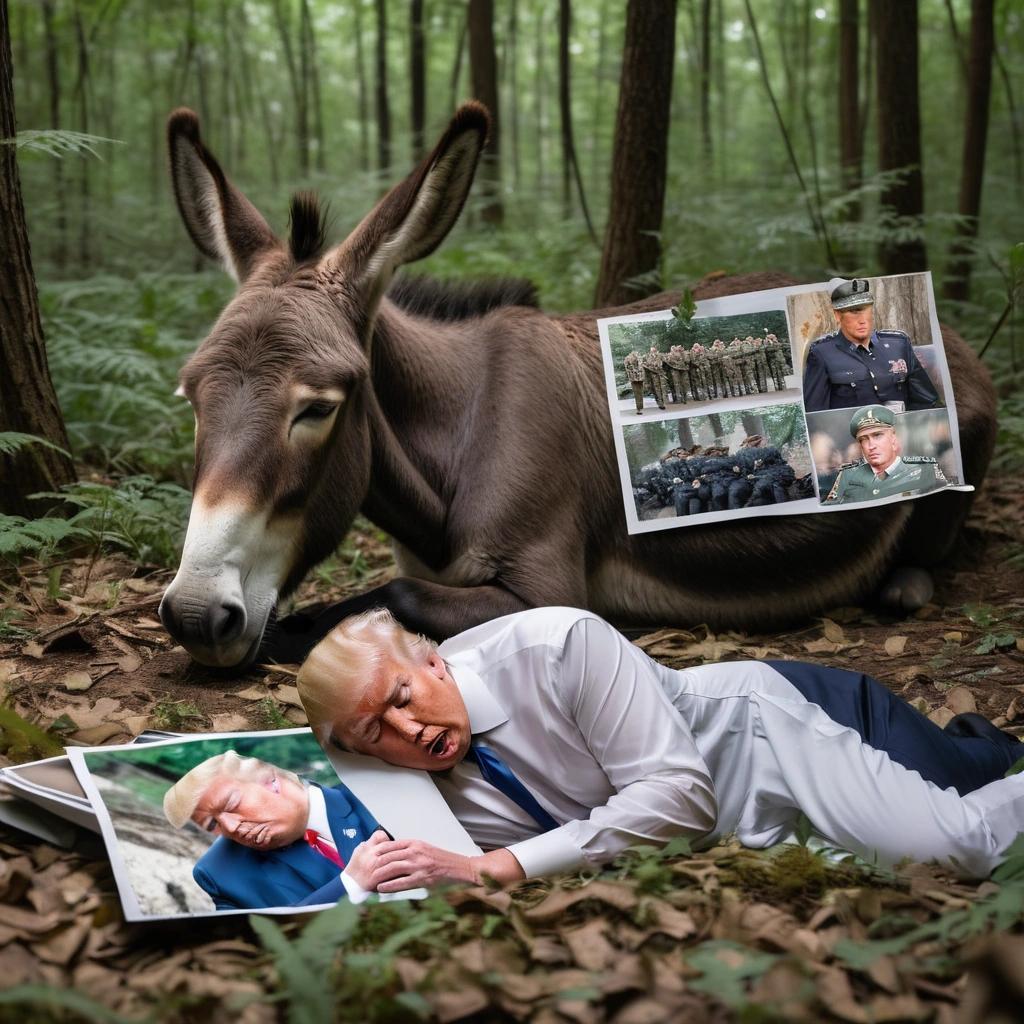 Image with seed 567185734 generated via Stable Diffusion through @stablehorde@sigmoid.social. Prompt: sleeping donkey headed Donald Trump vomiting soldiers while hiding pictures of Jeffery Epstein behind himself. , daisy crown, long sleeves, forest, lying down###hoof, paw,