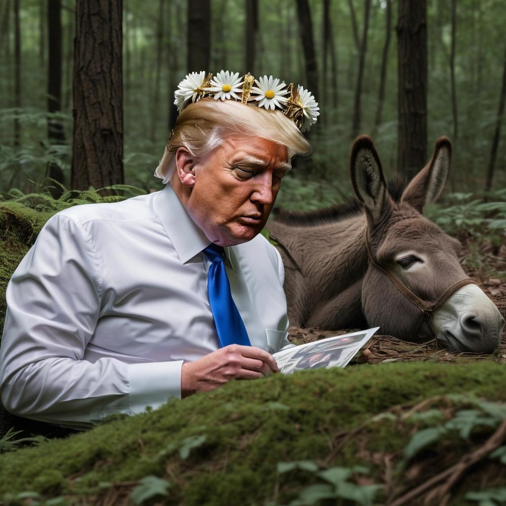 Image with seed 567185734 generated via Stable Diffusion through @stablehorde@sigmoid.social. Prompt: sleeping donkey headed Donald Trump vomiting soldiers while hiding pictures of Jeffery Epstein behind himself. , daisy crown, long sleeves, forest, lying down###hoof, paw,