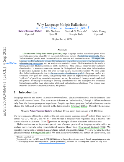 The first page of the paper "Why language model hallucinate" by Kalai et al. Three of the authors are from OpenAI. Parts of the paper are highlighted.