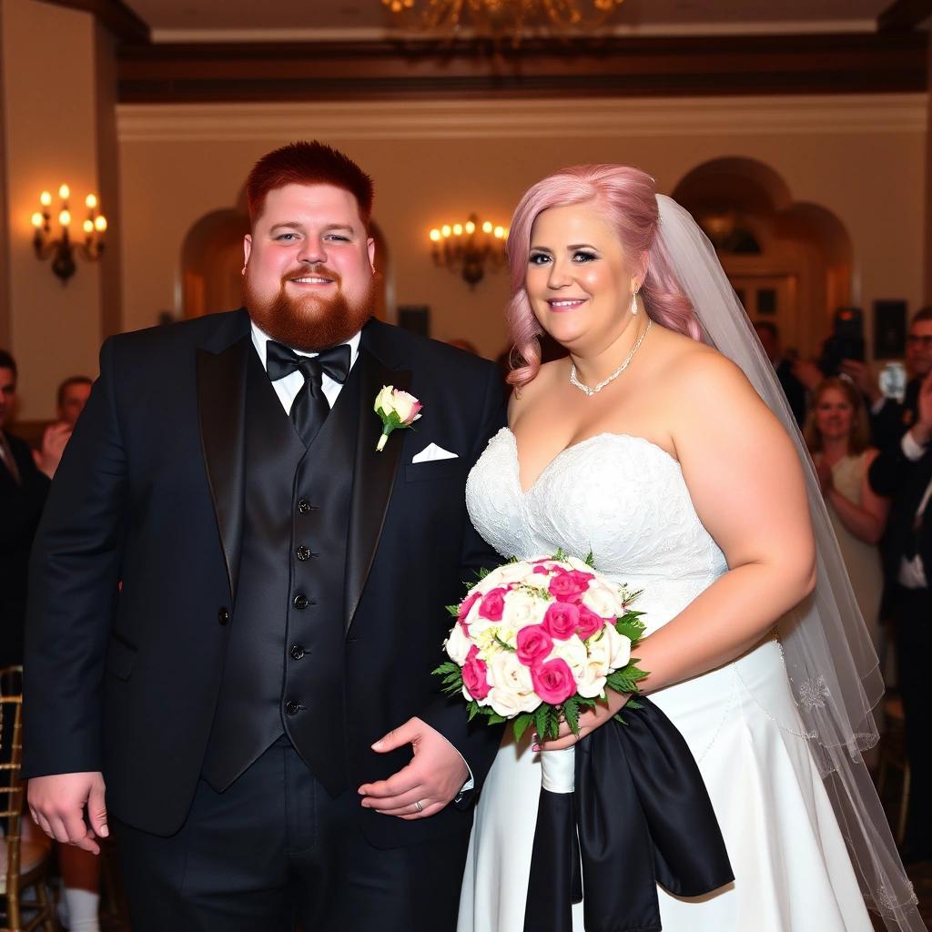 Image with seed 2550330075 generated via Stable Diffusion through @stablehorde@sigmoid.social. Prompt: a fat incel chud nazi man and a pink haired lesbian feminist getting MARRIED at their wedding 🥰 💖