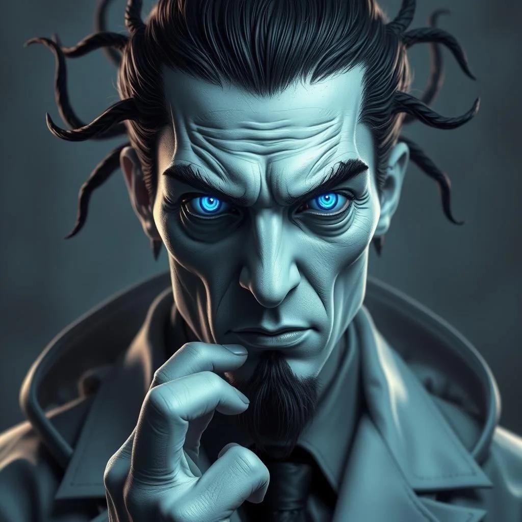 Image with seed 80297 generated via Stable Diffusion through @stablehorde@sigmoid.social. Prompt: the evil black scientist yakub but with white skin and blue eyes, realistic