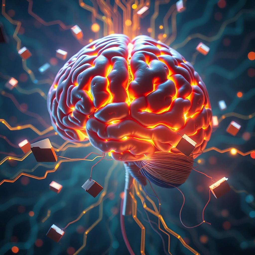 Image with seed 342909278 generated via Stable Diffusion through @stablehorde@sigmoid.social. Prompt: A surreal concept art of a human brain transforming into a digital archive, with neural pathways turning into glowing fiber-optic cables, and tiny floating folders and documents orbiting around it, vibrant colors, sci-fi style, hyper-realistic.