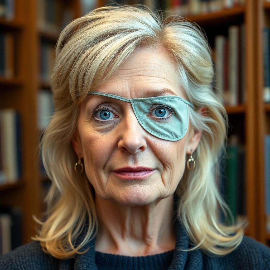 Image with seed 4121345716 generated via Stable Diffusion through @stablehorde@sigmoid.social. Prompt: a photo of a woman in her fifties with blond hair wearing an eye patch over one eye. The other eye is blue. The context is a library