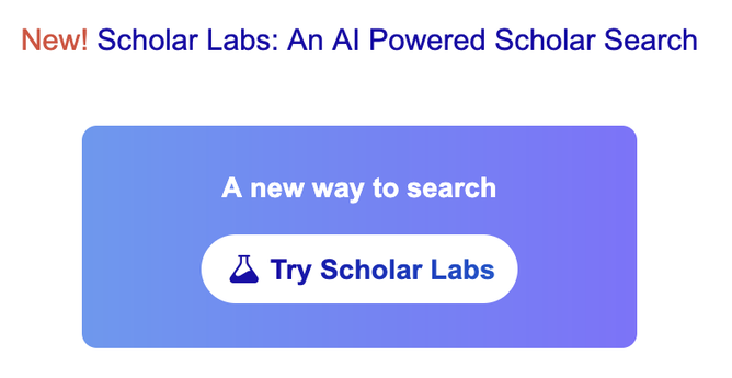 A banner on the scholar homepage advertising a new AI powered version of Scholar.