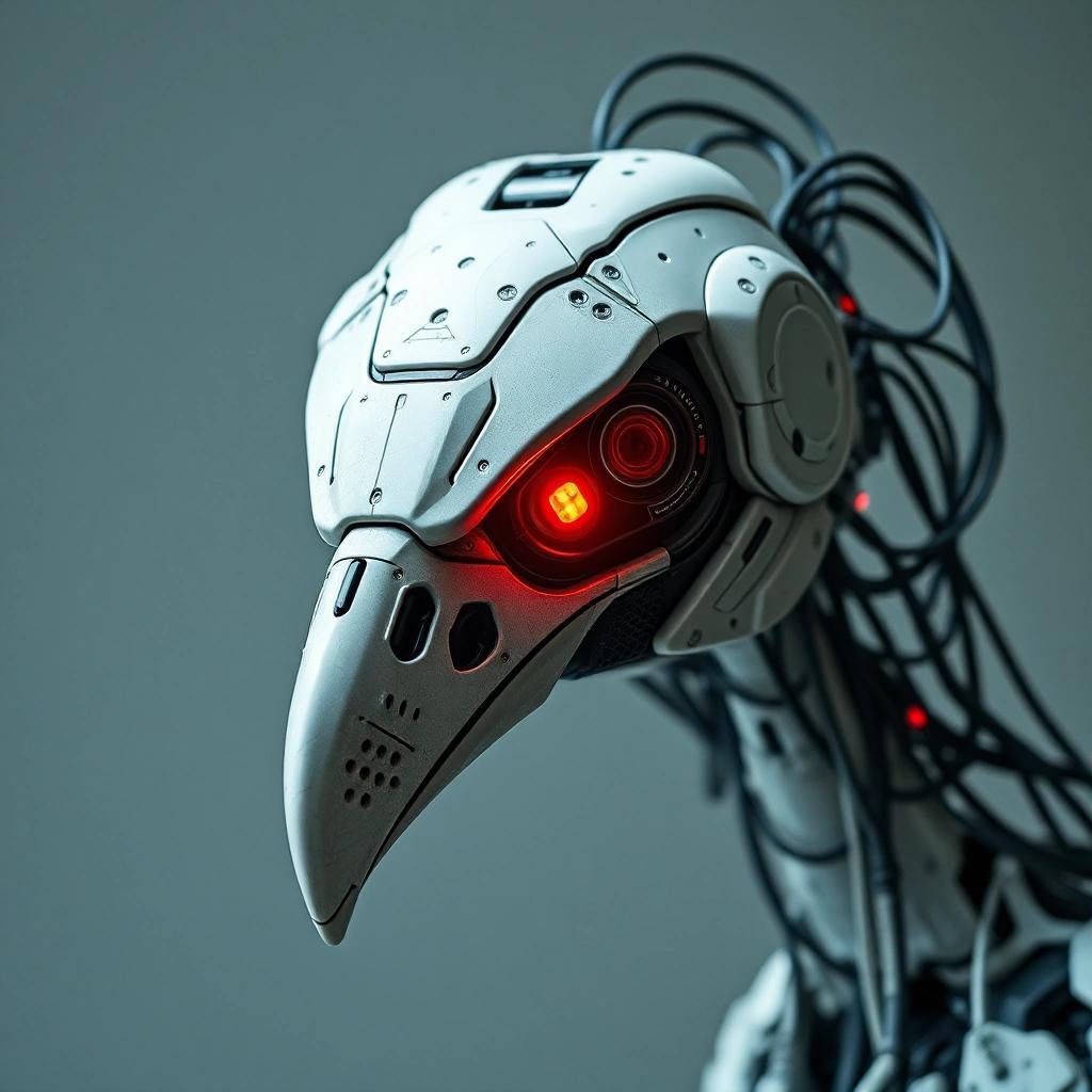 Image with seed 281357062 generated via Stable Diffusion through @stablehorde@sigmoid.social. Prompt: an image of the head of a futuristic and somewhat dystopian robot bird. Make it so that it have cables, visible mechanics and red diodes as eyes