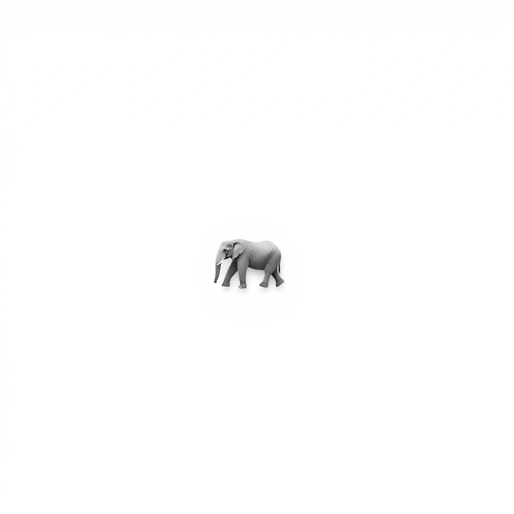 Image with seed 987965199 generated via Stable Diffusion through @stablehorde@sigmoid.social. Prompt: a completly white (#FFFFFF) picture with a small elephant in the center of the picture. The elephant should be 10% of the picture i size.