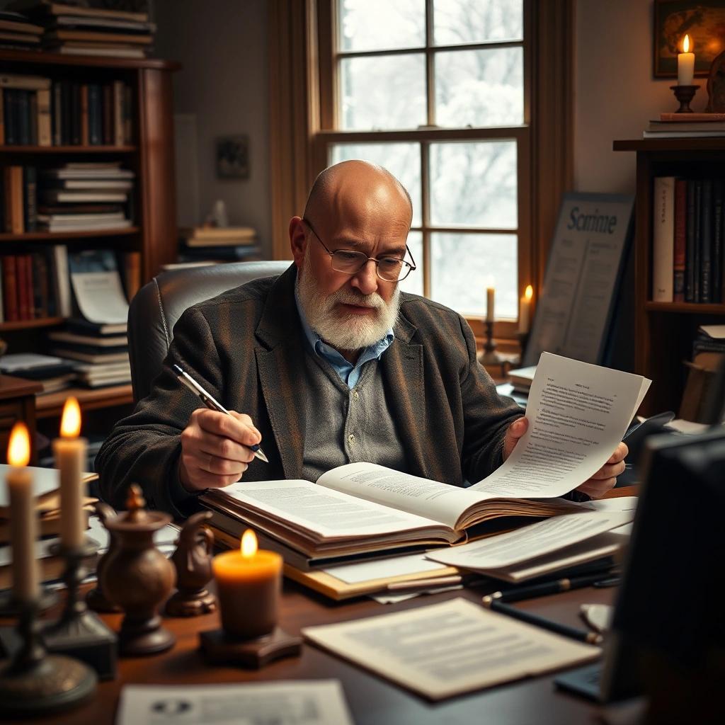 Image with seed 616169024 generated via Stable Diffusion through stablehorde@sigmoid.social. Prompt: a photograph of a middle aged bald professor at a cluttered desk reading papers with a pen in his hand and some candles on the desk to keep him warm. The context is a cold but cozy office