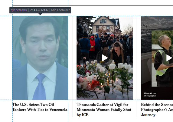 A screenschot of the NYT homepage, with the inspect too active. A tile with a moving image of Marco Rubio is active. It uses the element <nyt-betamax>