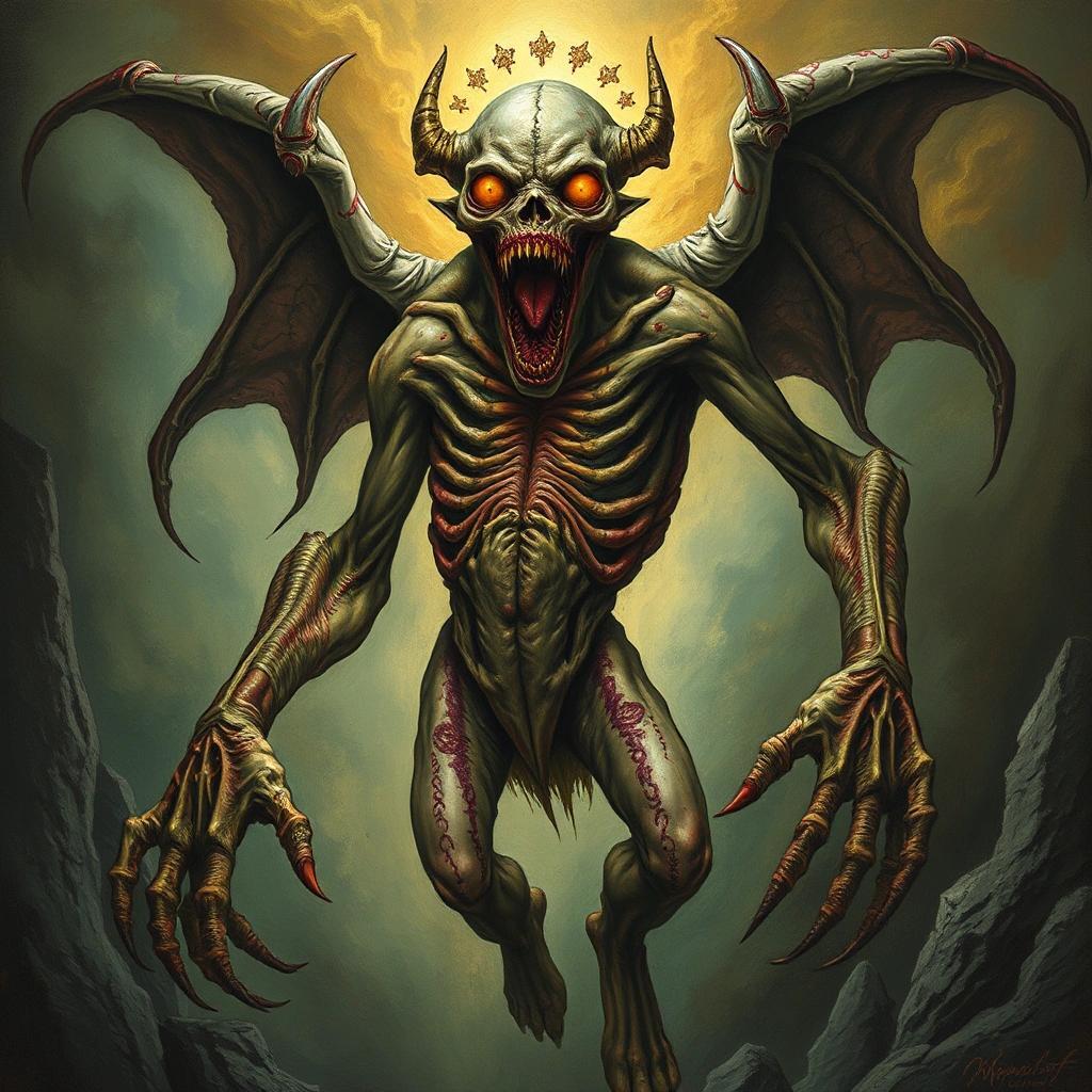 Image with seed 2682582614 generated via Stable Diffusion through @stablehorde@sigmoid.social. Prompt: cosmic horror, eldritch abomination, ancient evil, madness, body horror, mutilated, mutant, misshapen, bad anatomy, horrible, disgusting