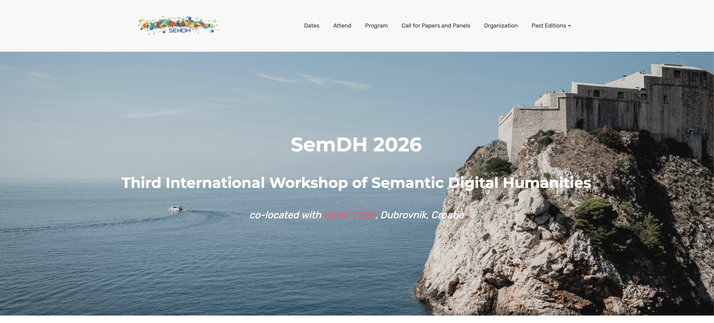 Webpage of the SemDH WOrkshop 2026, co-located with ESWC2026 in Dubrovnik, Croatia. The web page shows a scenic view of the Adriatic coast in Croatia.