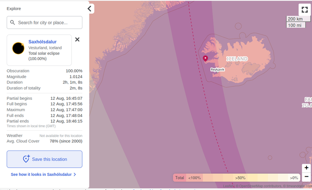 A map showing the path of the 2026 total Eclipse on 12 August. It passes over the west coast of Iceland.