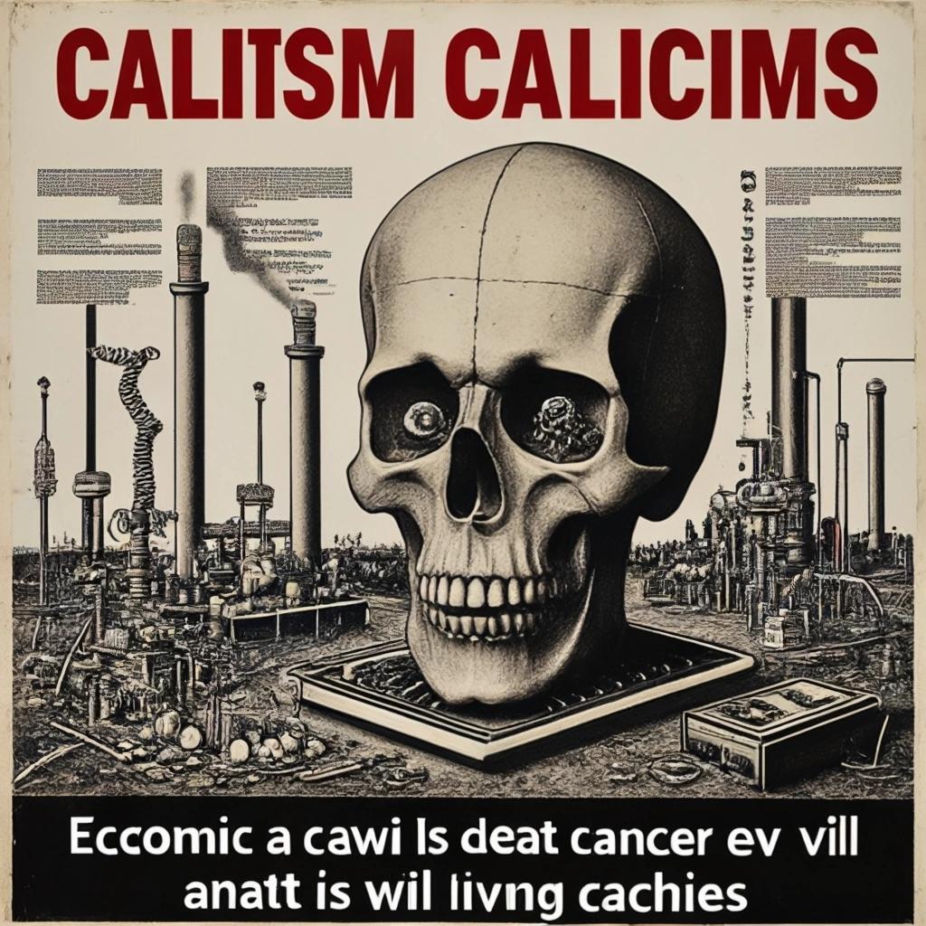 Image with seed 947895930 generated via Stable Diffusion through @stablehorde@sigmoid.social. Prompt: Capitalism is a death cult. Economic growth is the cancer that is killing civilisation. Money and evil machines are eating the living world and shitting an industrial hell. mixed media, surrealism, dada, punk, anti-art, #elektrodada 