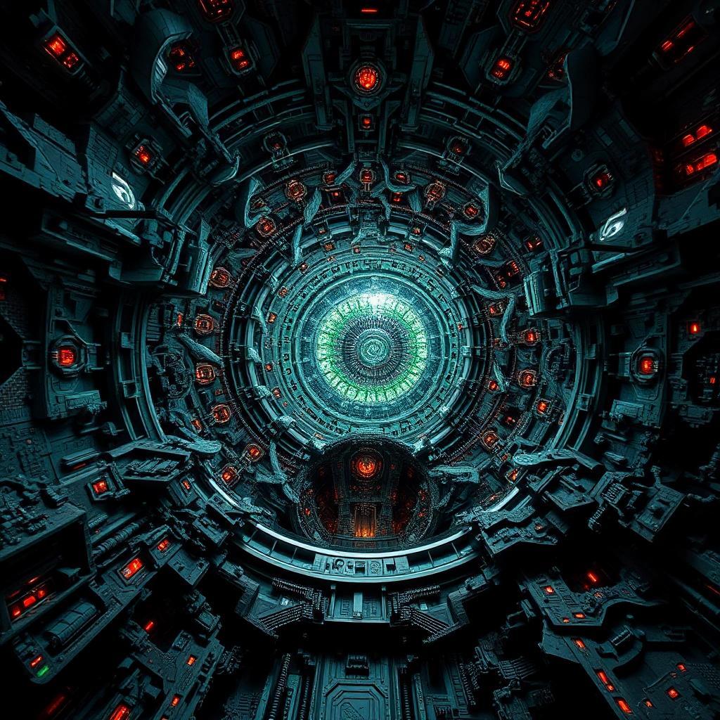 Image with seed 3044506161 generated via Stable Diffusion through @stablehorde@sigmoid.social. Prompt: fractal surrealism, science fiction gothic, inside an alien spaceship, mandelbulb, organic technology
