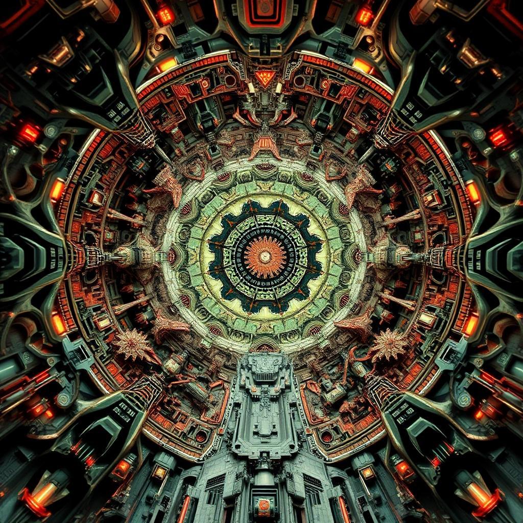 Image with seed 3044506161 generated via Stable Diffusion through @stablehorde@sigmoid.social. Prompt: fractal surrealism, science fiction gothic, inside an alien spaceship, mandelbulb, organic technology