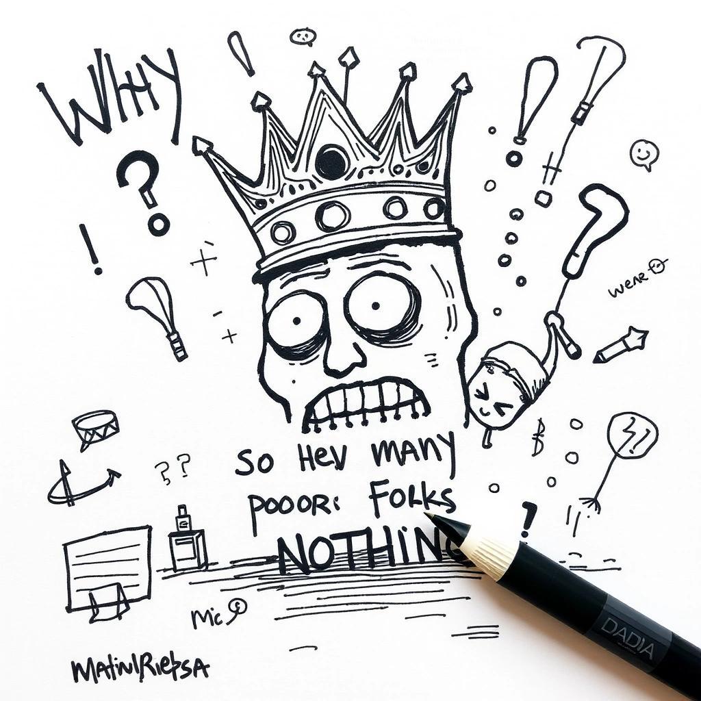 Image with seed 3013730655 generated via Stable Diffusion through @stablehorde@sigmoid.social. Prompt: Why do those few  rich people own everything, and so many poor folks own nothing? doodle, scribble, sketch, felt tip pens on paper, silly image, weird, chaotic, dada