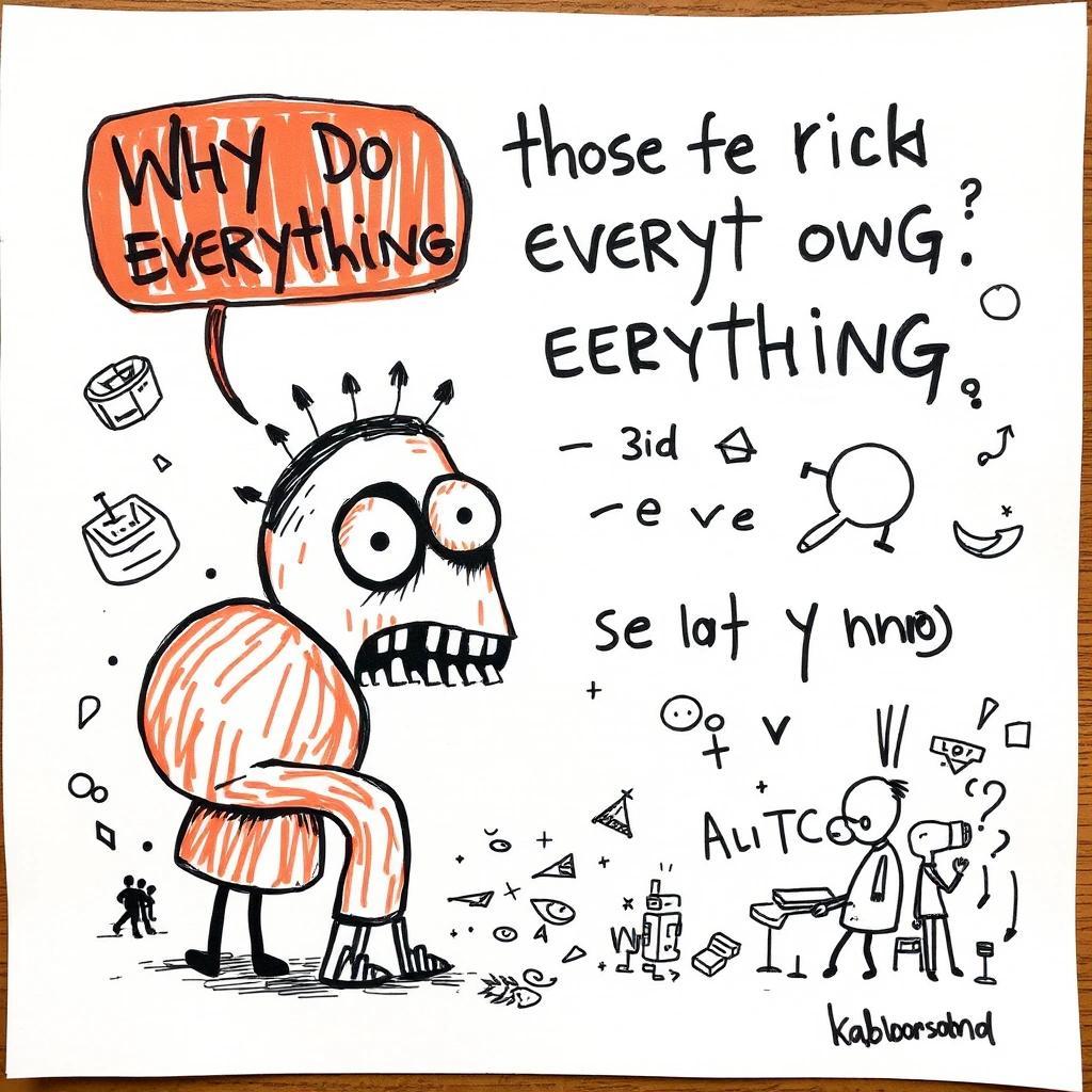 Image with seed 3013730655 generated via Stable Diffusion through @stablehorde@sigmoid.social. Prompt: Why do those few  rich people own everything, and so many poor folks own nothing? doodle, scribble, sketch, felt tip pens on paper, silly image, weird, chaotic, dada