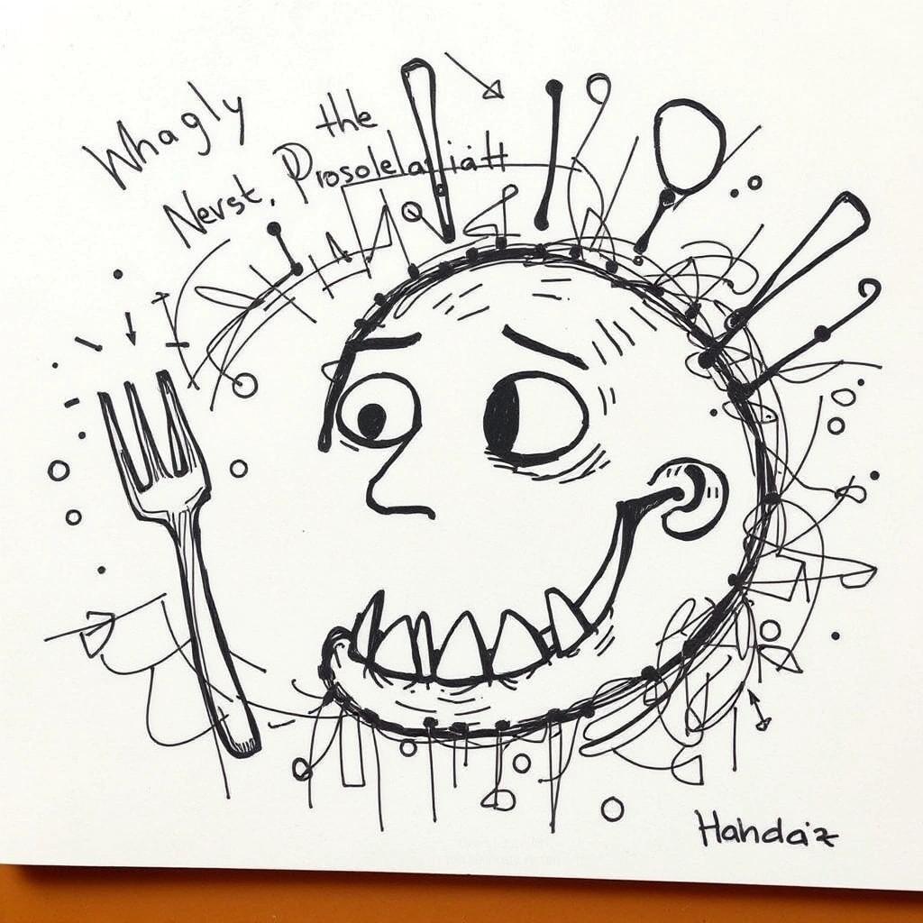 Image with seed 1961848963 generated via Stable Diffusion through @stablehorde@sigmoid.social. Prompt: Why doesn't the Proletariat, being the larger of the classes, simply eat the Bourgeoisie? doodle, scribble, sketch, felt tip pens on paper, silly image, weird, chaotic, dada