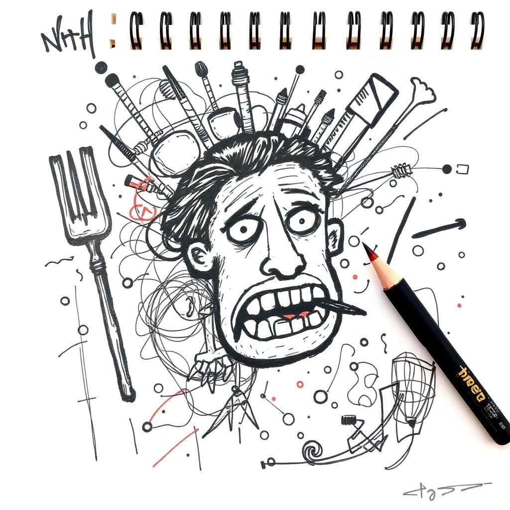 Image with seed 1961848963 generated via Stable Diffusion through @stablehorde@sigmoid.social. Prompt: Why doesn't the Proletariat, being the larger of the classes, simply eat the Bourgeoisie? doodle, scribble, sketch, felt tip pens on paper, silly image, weird, chaotic, dada