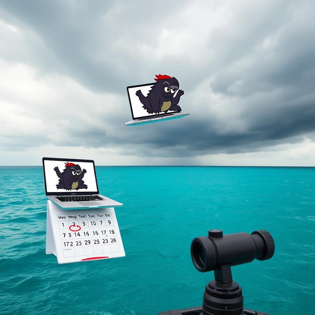 Image with seed 1454795533 generated via Stable Diffusion through @stablehorde@sigmoid.social. Prompt: an airborne (flying) laptop with the BSD mascot, Beastie, on its screen. In the background: an ominous, grey, cloudy sky above an azure ocean. On the surface of the ocean, a calendar for May 2026, with Wednesday 13th May circled. To the right of the calendar: a periscope.