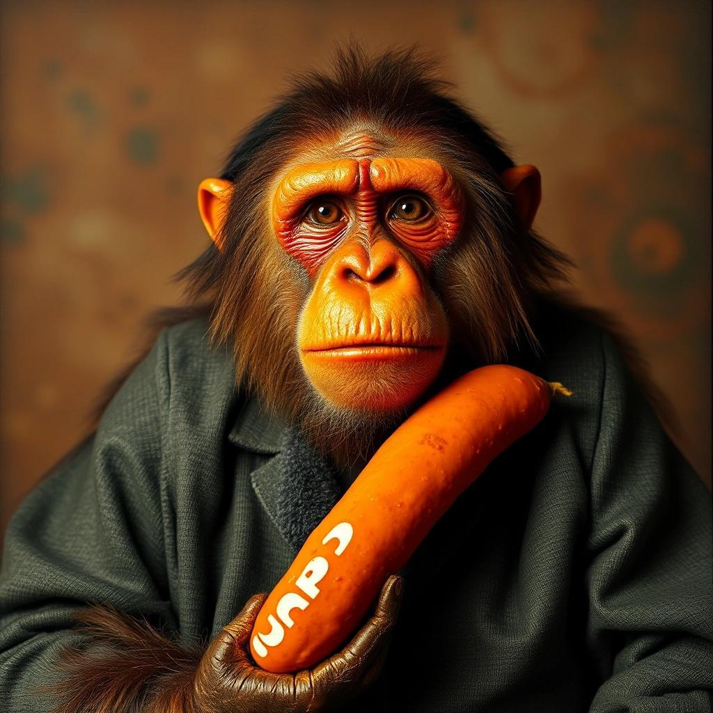 Image with seed 2274403829 generated via Stable Diffusion through @stablehorde@sigmoid.social. Prompt: Augapfel Currywurst Orang-Utan Agitprop fnord, dada, surreal anti-art, degenerative art, #elektrodada