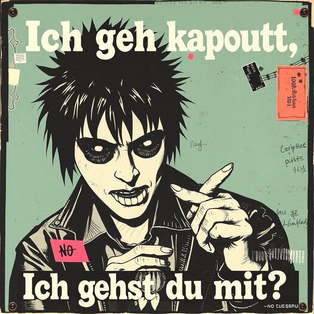 Image with seed 2444871010 generated via Stable Diffusion through @stablehorde@sigmoid.social. Prompt: Ich geh kaputt, gehst du mit? Collage, mixed media, punk, new wave, no future, 1980s poster, gothic, elektrodada