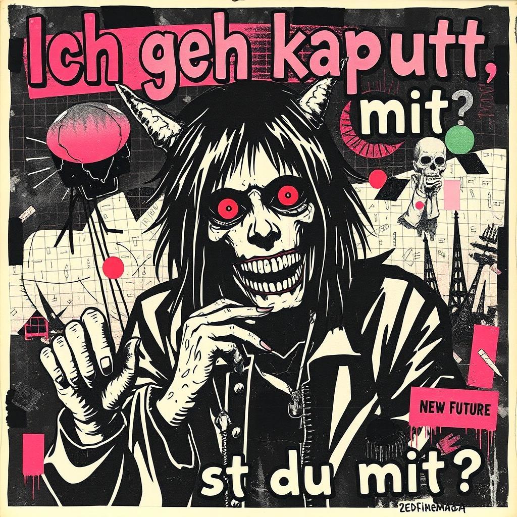 Image with seed 3488873524 generated via Stable Diffusion through @stablehorde@sigmoid.social. Prompt: Ich geh kaputt, gehst du mit? Collage, mixed media, punk, new wave, no future, 1980s poster, gothic, elektrodada