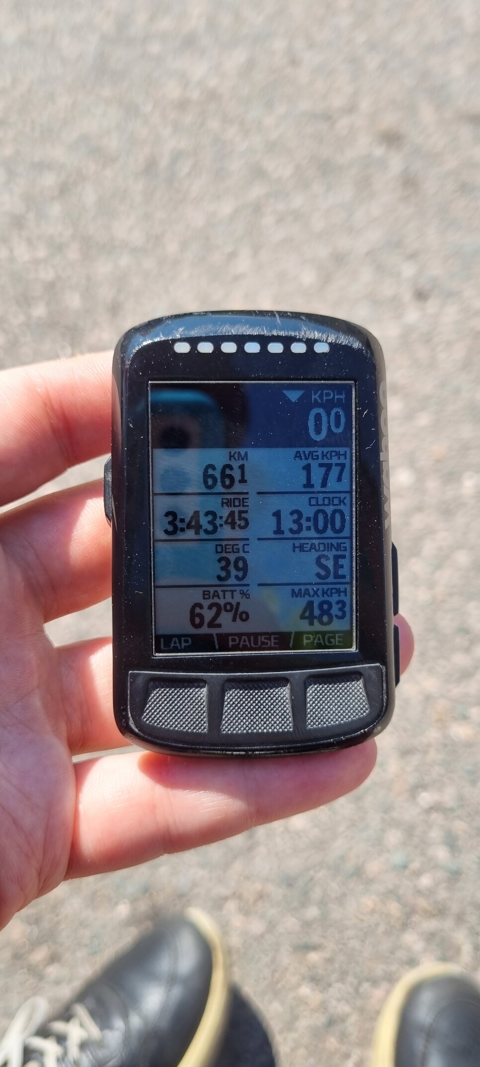 It's a bike computer in my hand. It says I've gone 66km in about 3 hours 45 minutes. It also says 39°C but it's sitting in the sun. To be fair tho, I'm riding in the sun too 🤔