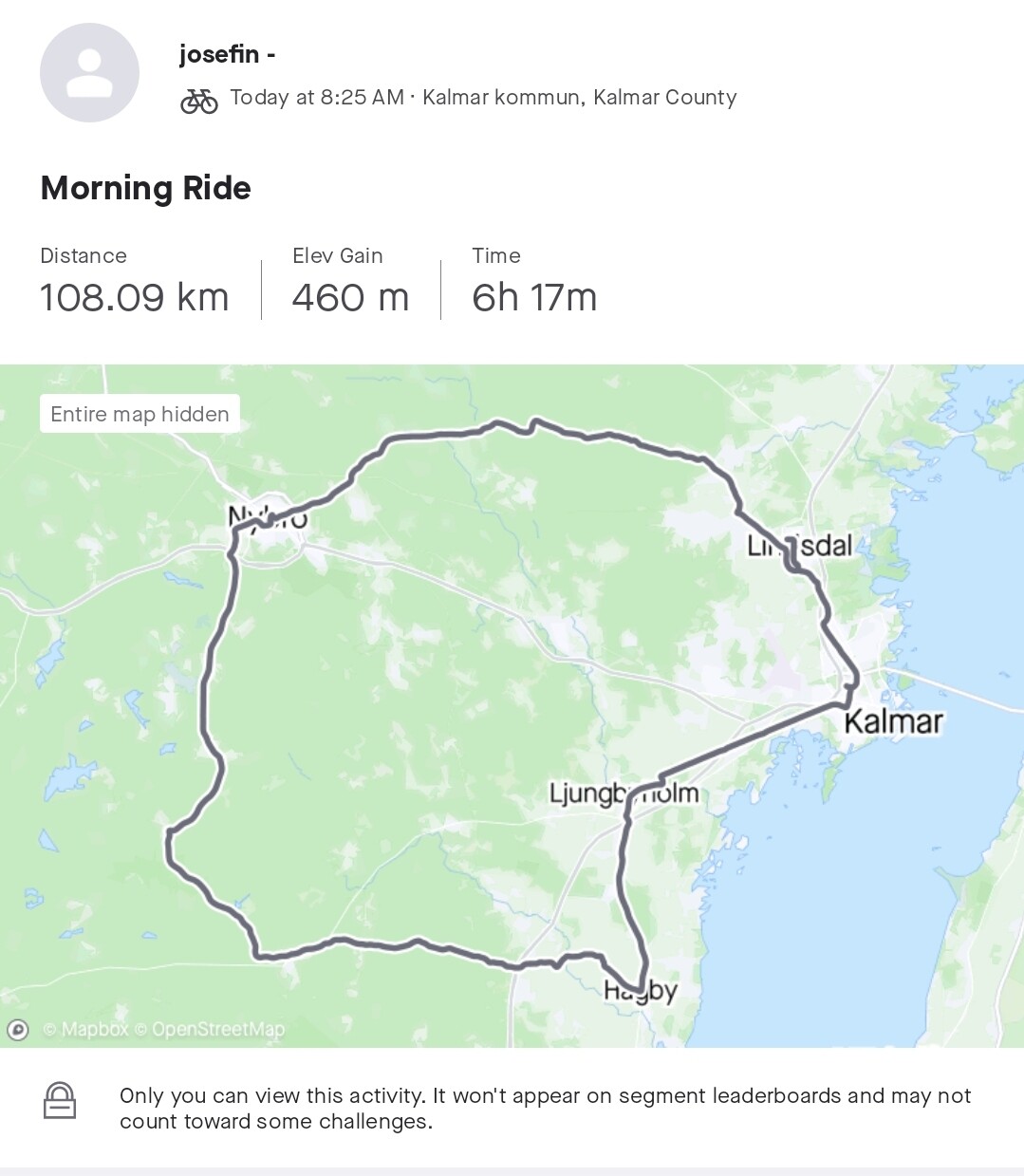 Strava map showing the route I took. It's pretty zoomed out but shows part of southeast sweden.