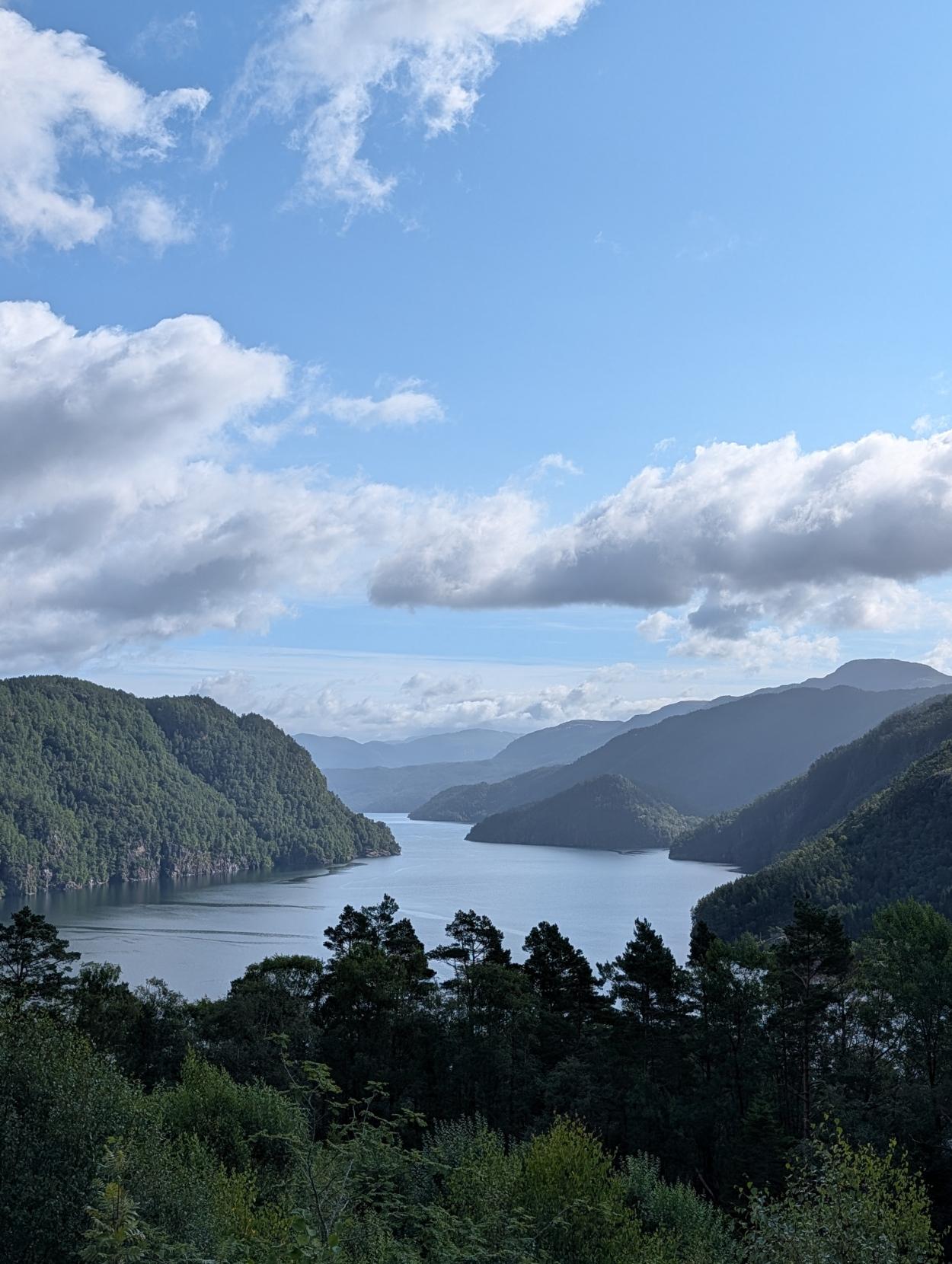 Utsikt frå Ostasteidn rasteplass i Suldal: Eit høgt vinkla fotografi som viser eit storslått panorama over Sandsfjorden. I forgrunnen står mørkegrøne tretoppar som rammar inn utsikten. Fjorden slyngjer seg bakover mellom bratte, skogskledde fjellsider, og lengst borte skimtar ein fjellrekkjer som gradvis blir lysare i fargen og forsvinn mot horisonten. Himmelen over er klår og blå, fylt med lette, kvite cumulusskyer som kastar mjuke skuggar over landskapet.