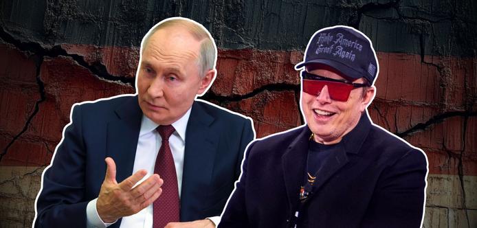 Wladimir Putin (l.) und Elon Musk (r.) vor einer bröckelnden Deutschlandflagge