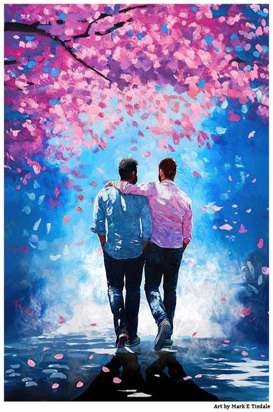 Digital art depicting a gay couple walking away from the viewer under cherry blossoms in soft spring light. One man gently pulls the other close. The figures are backlit by a puddle of bright sunlight just beyond the shadows of the trees. An image that's mostly shades of blue and pink.
