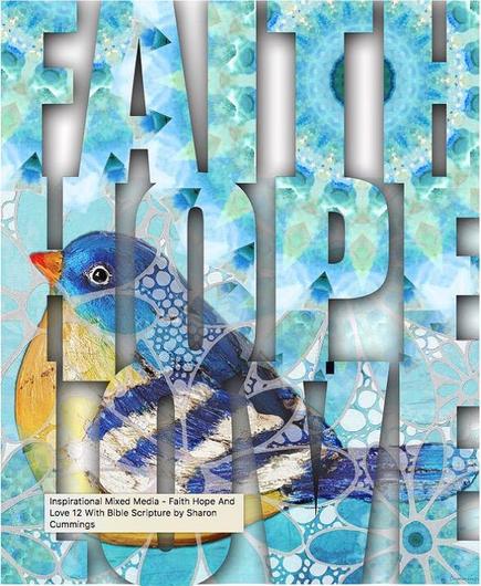 Blue bird collaged into the words Faith, Hope and Love by artist Sharon Cummings.