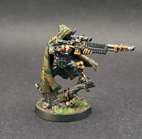 A snipe mini wearing a black uniform with gold trim. They are stood on a tree branch aiming a sniper Las Rifle. They are wearing a camouflage clock as well.