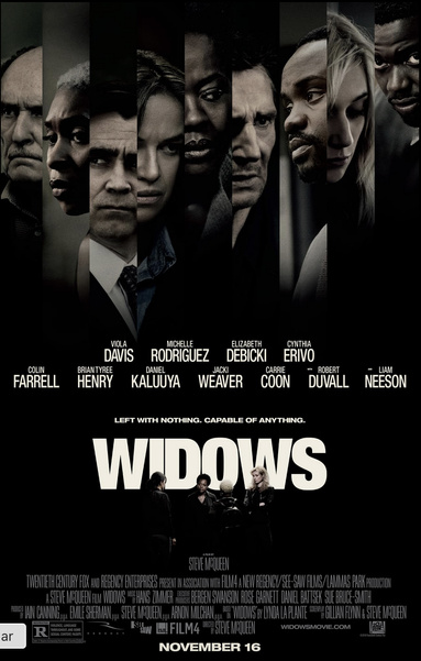 the poster for Widows shows all the major characters in stripes at the top surrounded by darkness.